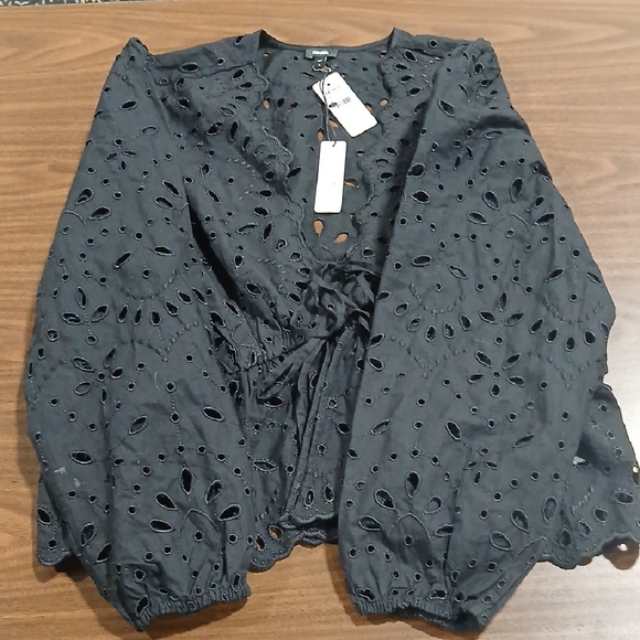 Express Tops - Express Charcoal Eyelet Women's Blouse